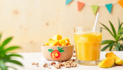 Fototapeta premium Mango smoothie with diced mango and granola on wooden table