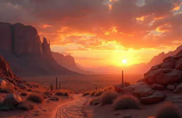 Selbstklebende Fototapeten Serene desert landscape with mountains at sunset. Nature scene with sun, orange sky. Cactus plants, sand dunes, rocks. Road leads to horizon. Wild west scenery. © Vadym