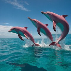 A group of pink dolphins leaping out of a glass-like turquoise ocean.