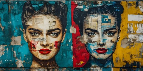 Collage Street Art: Two Women's Faces on a Weathered Wall