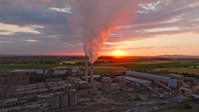 aerial view of two smoking pipes of soviet concrete factory at summer sunset