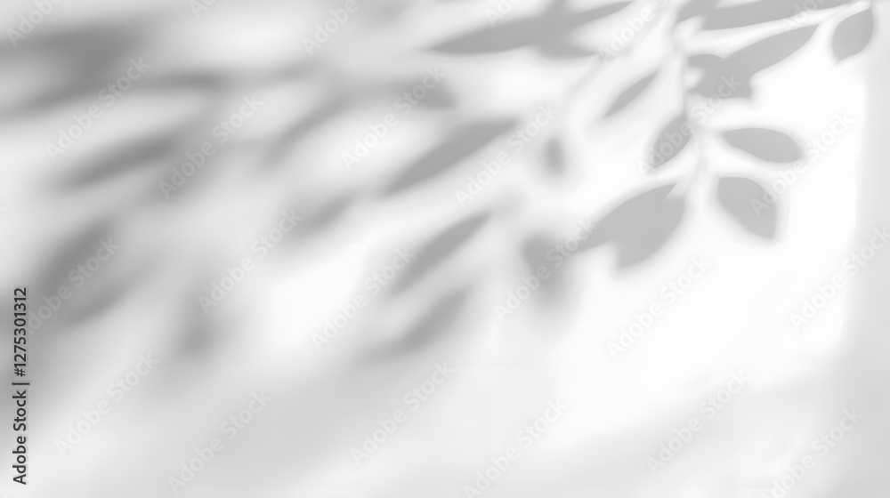 Poster soft and dreamy tree leaves shadow overlaying a plain white wall background with subtle light transi