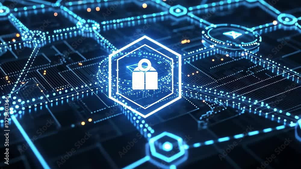 Poster exploring blockchain technology with glowing blue chains and interconnected nodes, blockchain techno