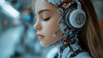 Cyborg woman, lab, serene, futuristic tech, AI