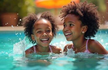 Two happy black girls smiling in pool water with splashes. African American children having fun, swimming in summer holiday vacation in aqua park. Human relations, joyful time.