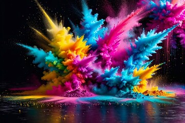 A colorful explosion of powdery material is spread across a wooden surface