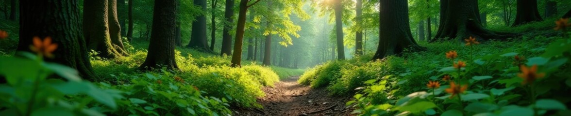 Obraz premium Dense undergrowth in a summer European forest, wilderness areas, forest floor