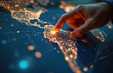 Close-up of man finger pointing at South America on digital world map. Global business strategy, international investment, worldwide economy development, tech innovation, market analysis.