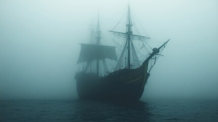 Ghost ship sailing foggy ocean; mystery, adventure