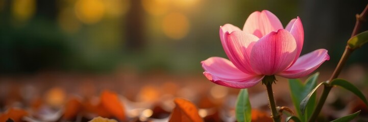 Fototapeta premium Delicate pink petals unfolding on a stem amidst fallen leaves, autumn colors, garden scenes, floral arrangement