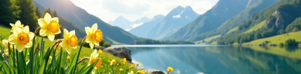 Delicate daffodil blooms against serene mountain peaks, colors, nature, reflection