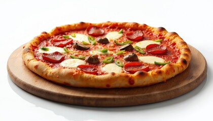 Pizza with pepperoni, mozzarella, mushrooms, green pepper on wooden board. Italian fast food meal. Fresh baked snack with tasty salami and tomato sauce.