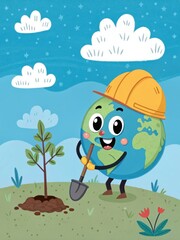 Fototapeta premium Cartoon Earth Character Plants Sapling with Shovel Against Blue Sky