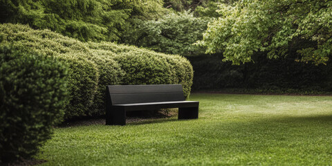 Black bench surrounded by lush greenery in a tranquil garden setting