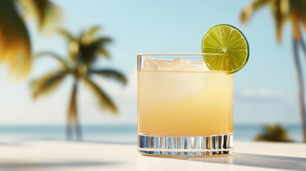 refreshing cocktail with lime slice sits on table by beach, surrounded by palm trees under clear blue sky