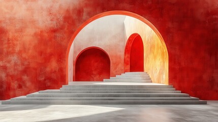 Abstract Architectural Space with Curved Arches and Red Walls