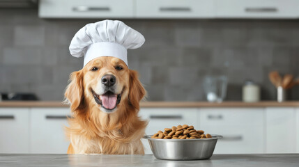 cheerful dog wearing chef hat sits in kitchen with bowl of dog biscuits