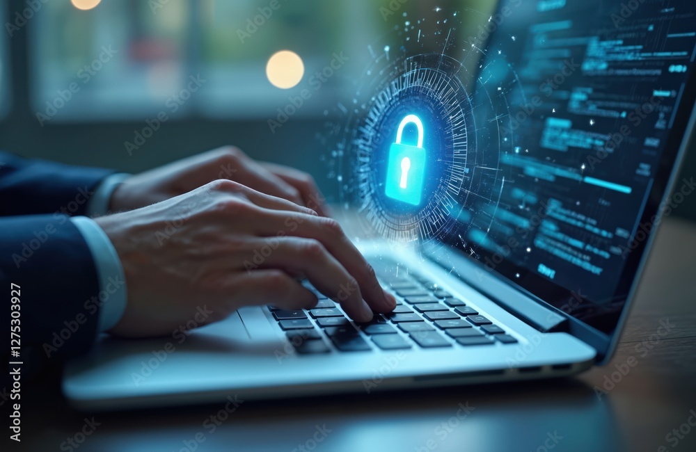 Poster businessman ensures cybersecurity with secure laptop login using encryption, authentication for datu