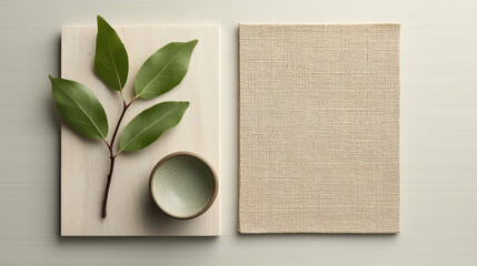 minimalist mood board featuring green leaves, ceramic bowl, and textured fabric swatch on neutral background