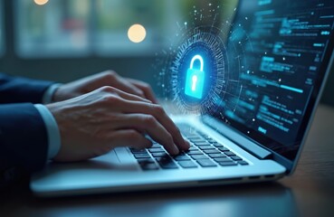 Businessman ensures cybersecurity with secure laptop login using encryption, authentication for datum protection. Digital safety, private online business. Firewall, safe access, code verification via
