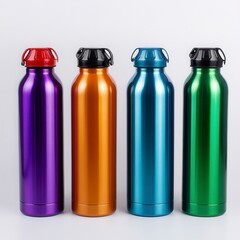 Four Colorful Metallic Water Bottles Isolated On White Background