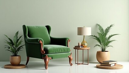 3D-Rendered Green Armchair with Stylish Decor on Transparent Background
