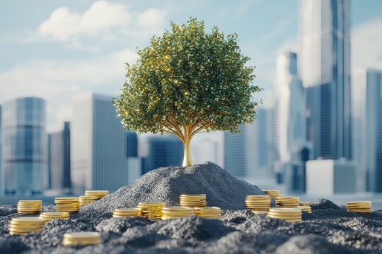 Economic prosperity symbol, giant golden tree growing on a financial landscape, sustainable wealth creation, 3D illustration
