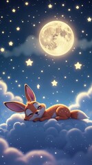 Cute Animated Fox Sleeping on Fluffy Cloud with Night Sky Background