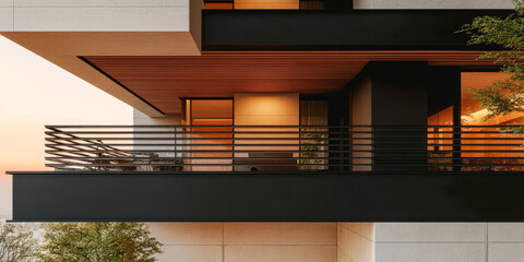 Stylish modern architecture with balcony design at sunset in urban setting