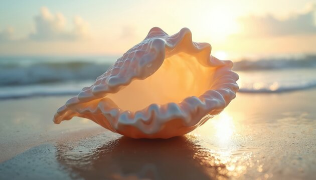 Large pearly seashell on wet sand beach. Setting sun shines through shell edges. Sea wave coast reflects sun. Summer vacation travel mood, paradise sea escape.