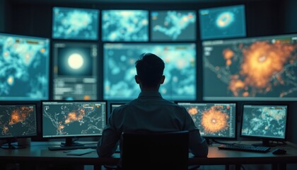 Person monitors weather patterns on multiple screens in control room. Backview of pro forecaster observing climate prediction data, atmospheric information on digital displays. Technical workplace