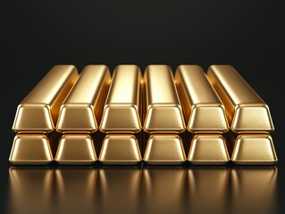 Gold metallic bars, neatly stacked on a reflective black platform, luxurious industrial material, 3D illustration