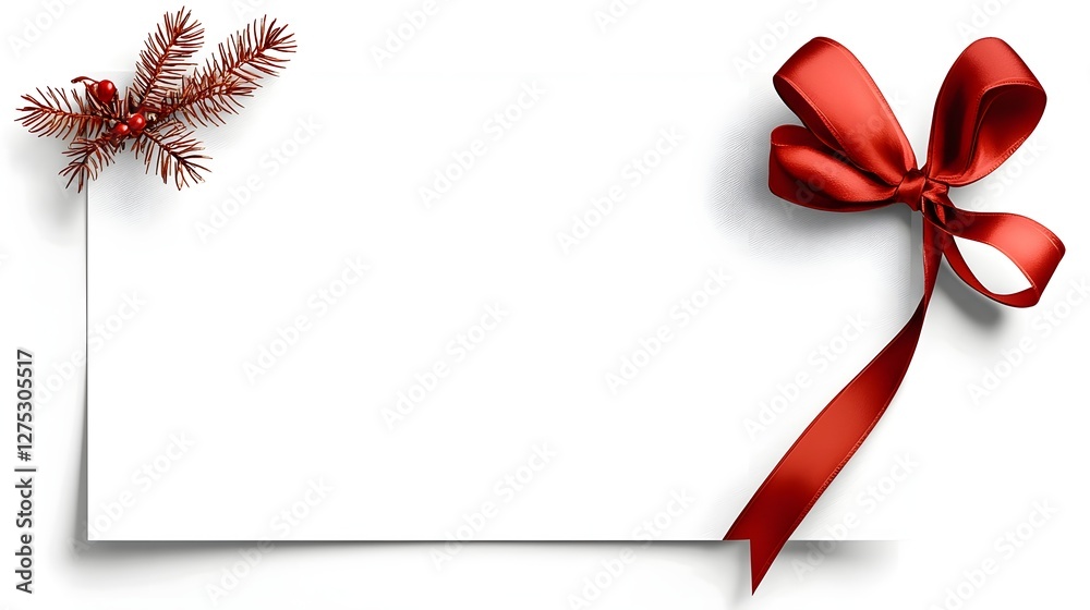 Poster beautifully wrapped christmas greeting card with a luxurious red ribbon bow and festive decorative e