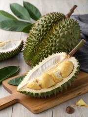 Fototapeta premium Durian Fruit Display on Wooden Cutting Board with Creamy Flesh Revealed