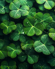 Fototapeta premium Lush Green Clovers with Water Drops on Leaves