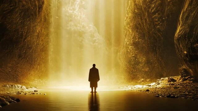 Person standing in front of a golden waterfall in a canyon during sunset with mist rising from the water