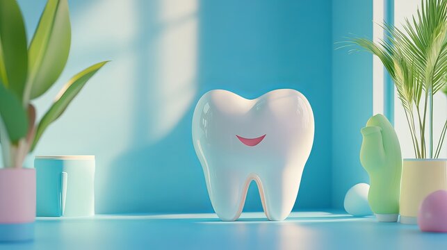 3D illustration of a healthy tooth dental examination and oral hygiene on a blue background Vector design