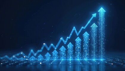 Naklejka premium Illustration featuring glowing arrows pointing upwards on blue background, progress in business, financial development, personal achievement, data visuali. Modern design for corporate presentation.
