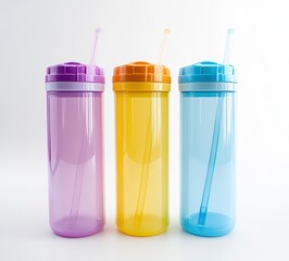 Three Colorful Plastic Reusable Water Bottles with Straws on White Background