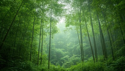 Naklejka premium Lush Green Bamboo Forest Sunlight Streaming Through Dense Foliage Tranquil Nature Scene