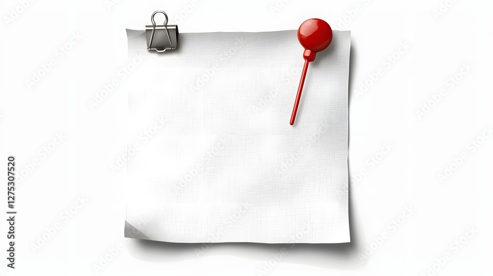 Fototapete Classic white note paper pinned with a vibrant red thumbtack on a transparent background featuring a slightly curled texture and sharp details for a visual appeal