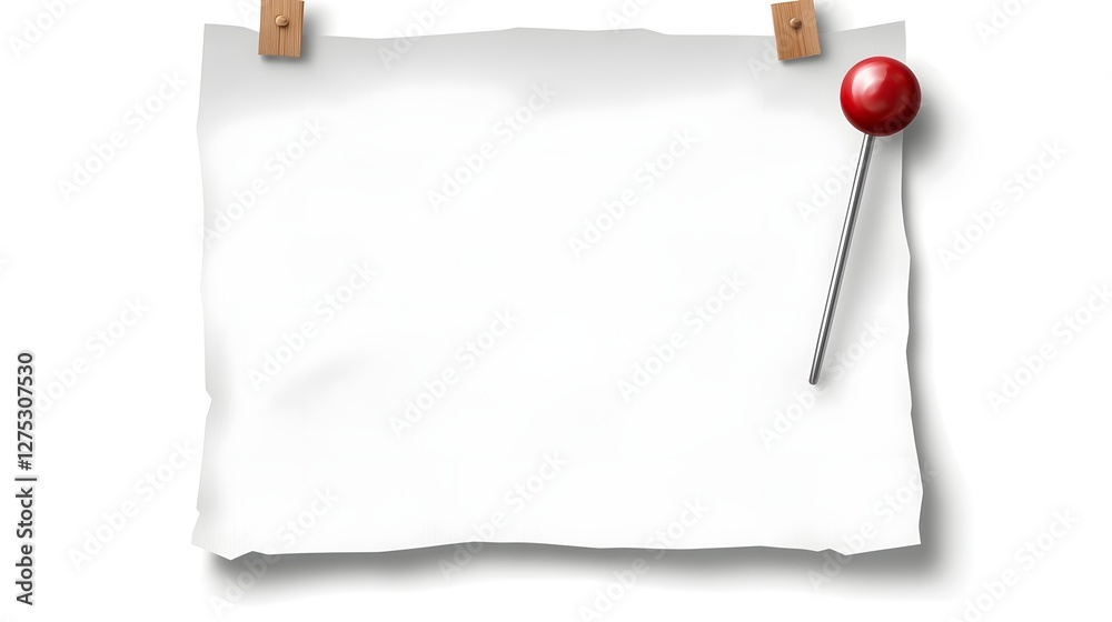 Fototapete classic white note paper pinned with a red thumbtack on a transparent background featuring a slightl