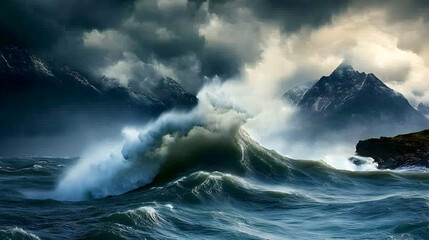 Dramatic ocean wave crashing against rocky coast, mountains background, storm