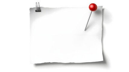 Pinned white paper note with a bold red thumbtack isolated on a transparent background suitable for reminders announcements and creative office visuals  Minimalist design with copy space for messages