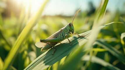 Vibrant Green Grasshopper on Grass Blade in Sunlit Field