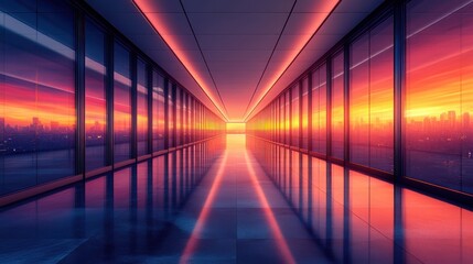 Modern Office Hallway with Stunning Sunset Reflection in Glass