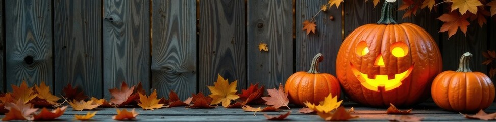 Carved pumpkins and real leaves on a wooden fence, fence, wood, leaf