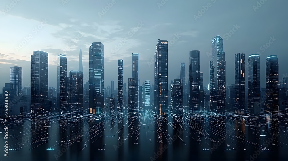 Poster Futuristic cityscape with luminous data streams flowing between towering skyscrapers symbolizing seamless connectivity innovation and technological advancement in a modern urban landscape