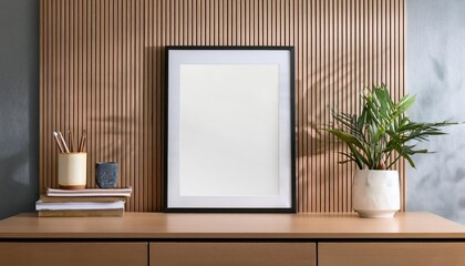 Modern Interior Design Stunning 3D Rendering of Poster Frame Mockup on Bureau in Portrait Orientation, Illuminating a Captivating Scene of Abstract Artwork in a Sleek and Minimalist Space,