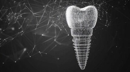 Futuristic abstract symbol of a tooth and dental implant Wireframe dental clinic concept in lowpoly 3D geometric style Vector background illustration